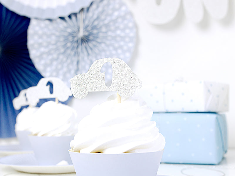 Cupcake toppers 1st Birthday, silver