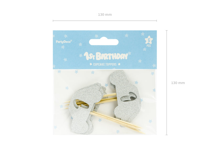 Cupcake toppers 1st Birthday, silver